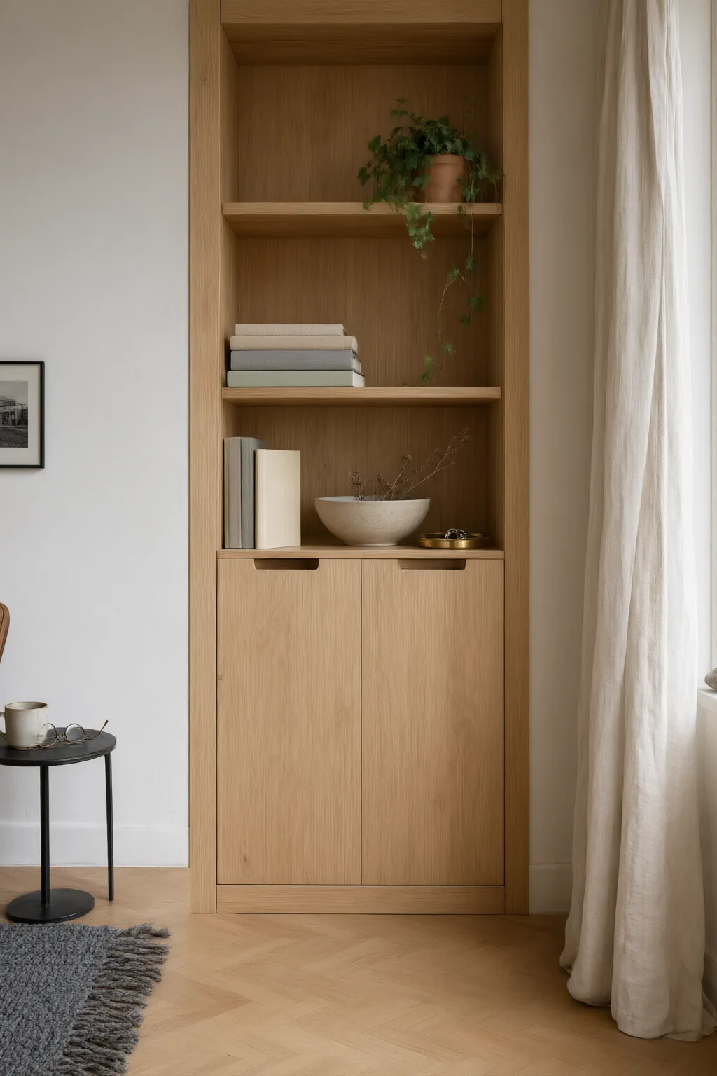 Einbauschrank aus Eiche in einer Nische, unten Türen, oben offene Tablare.